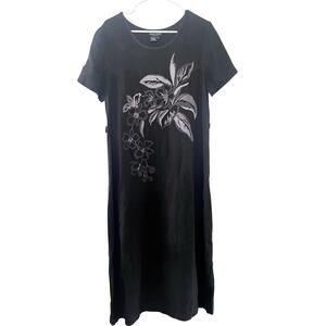Women's Vintage Carole Little Black Linen Long Shirt Dress Floral Embroidery 14
